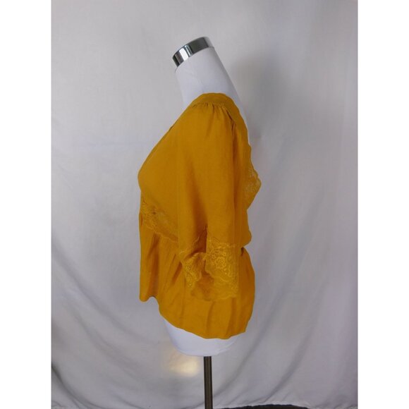 American Threads Mustard Lace Blouse L Boho Cottagecore Witch - Picture 3 of 11